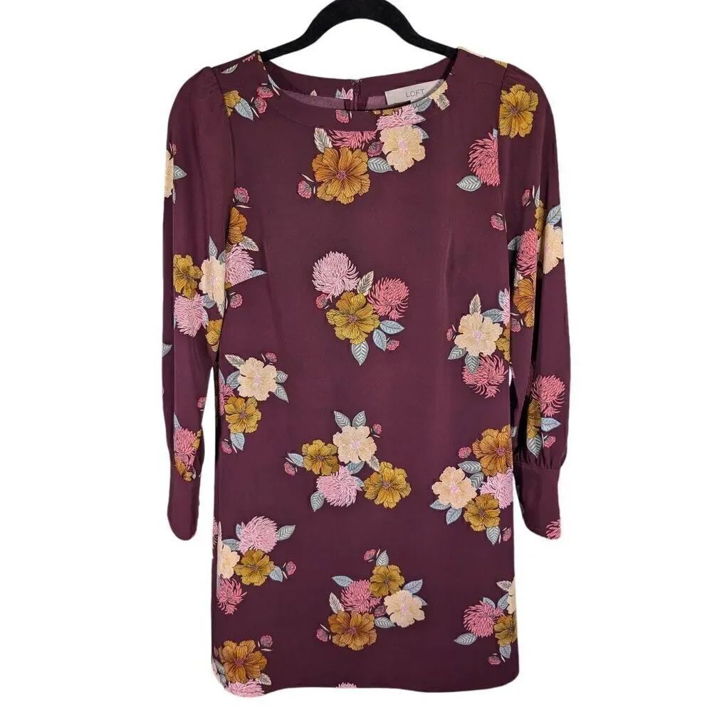 LOFT Petite Long Sleeve Floral Dress Burgundy